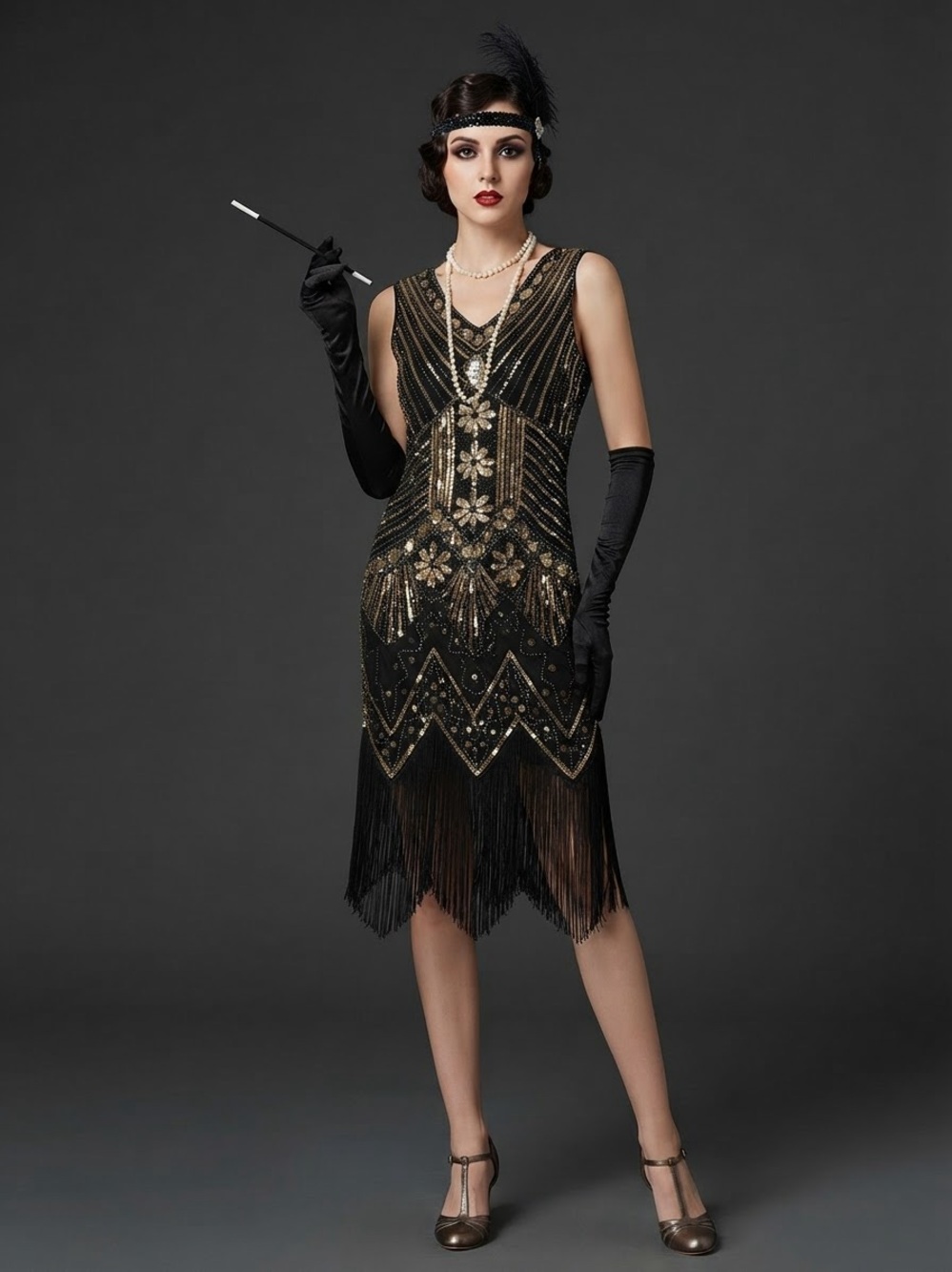 Black & Gold Beaded Fringe Midi Dress